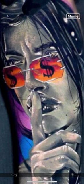 Painting of a person wearing orange sunglasses with dollar signs on the lenses holding a finger to their lips in a shushing gesture